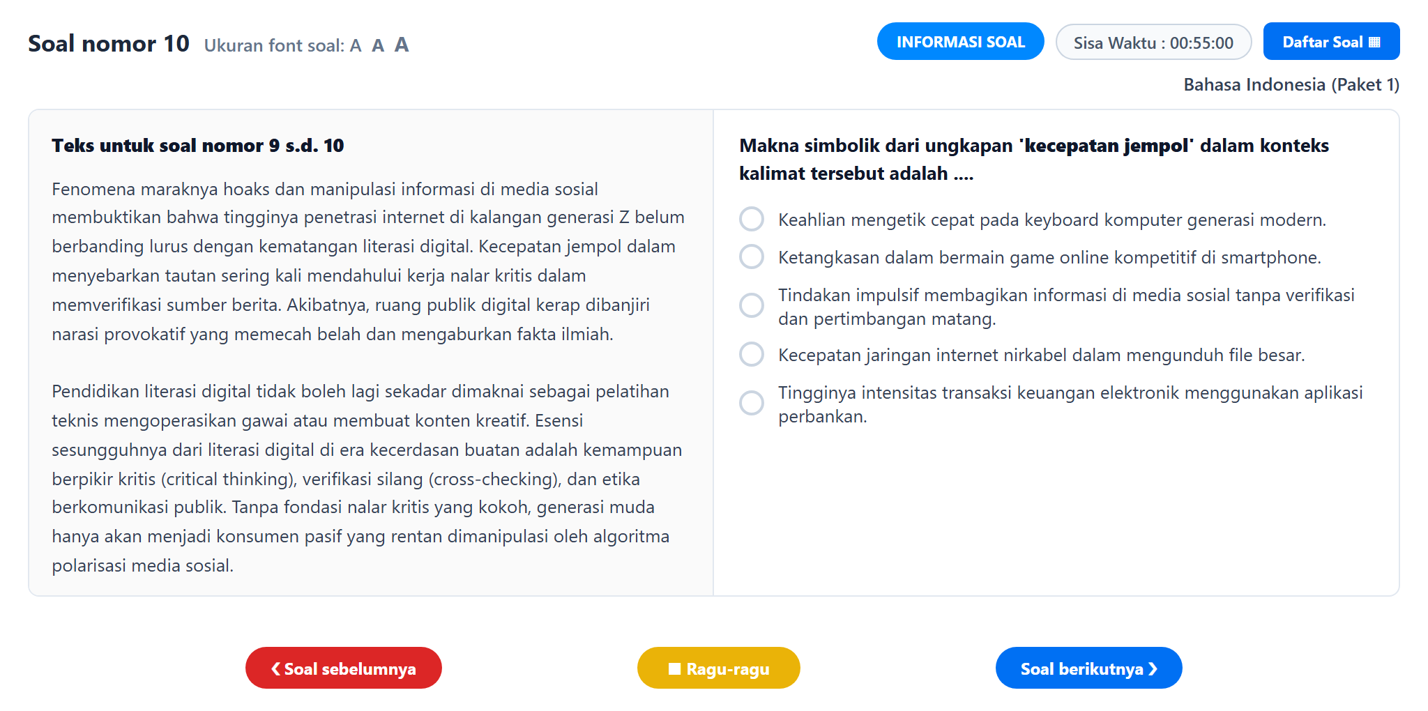Soal nomor 10 TKA Bahasa Indonesia SMA SMK CBT