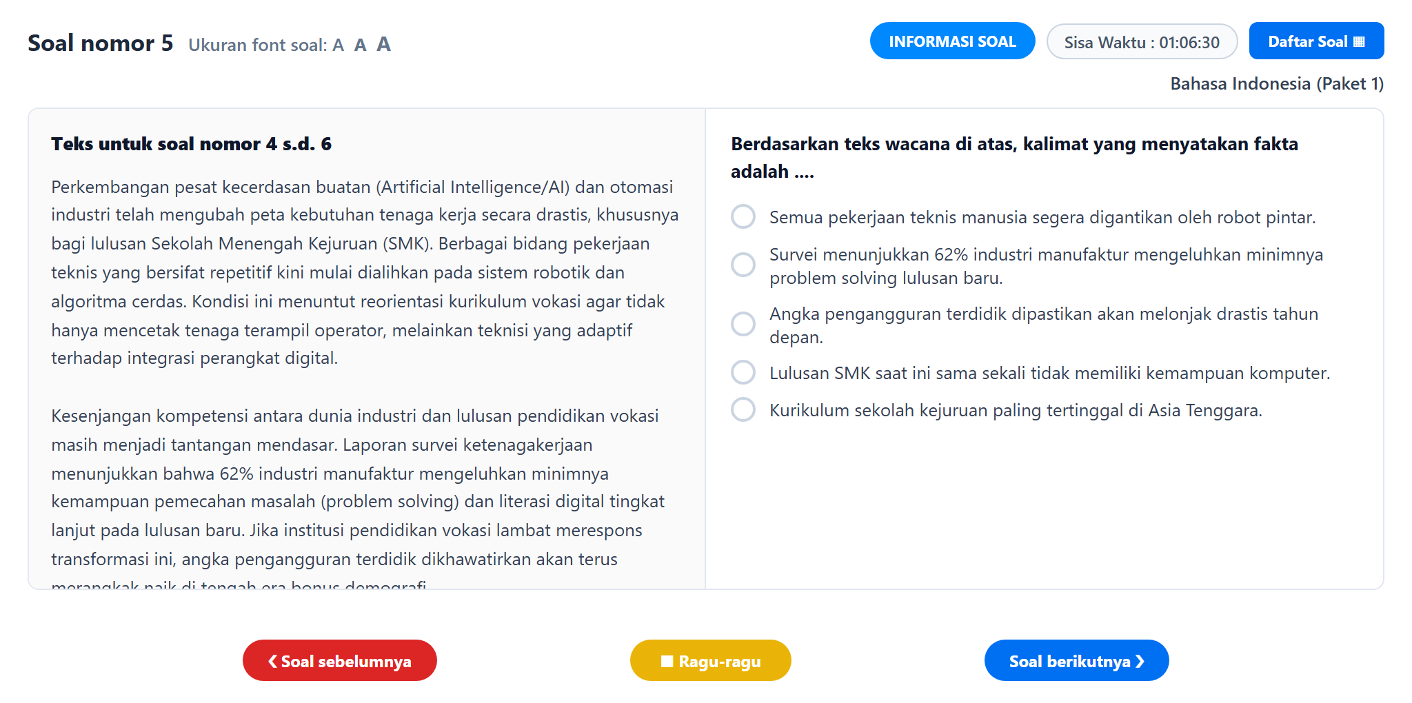 Soal nomor 5 TKA Bahasa Indonesia SMA SMK CBT