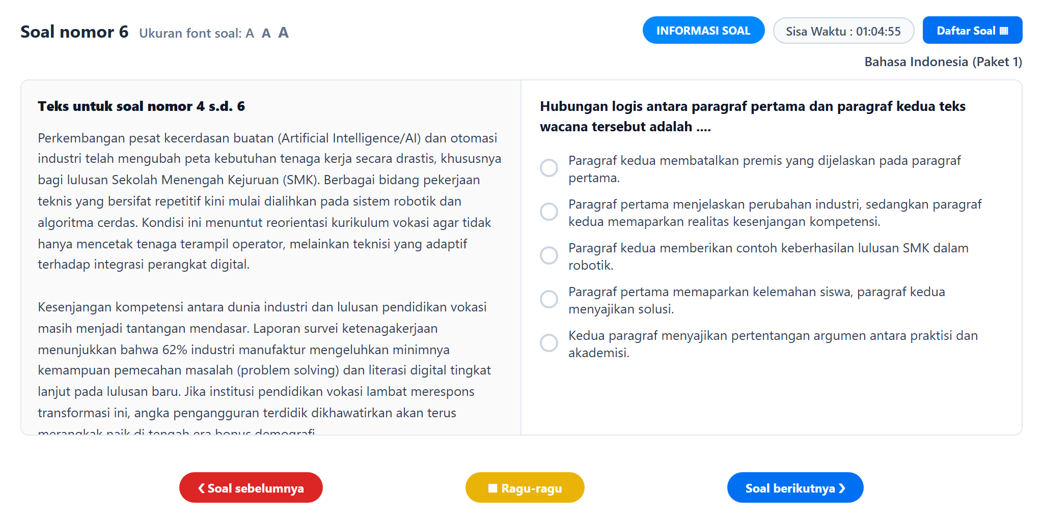 Soal nomor 6 TKA Bahasa Indonesia SMA SMK CBT
