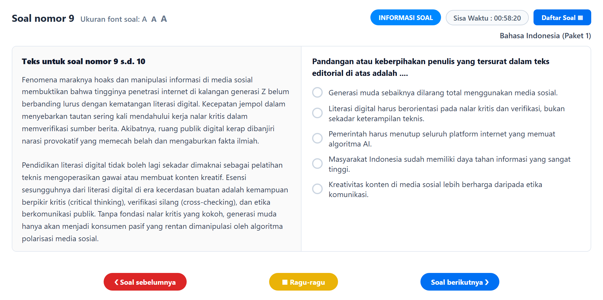 Soal nomor 9 TKA Bahasa Indonesia SMA SMK CBT