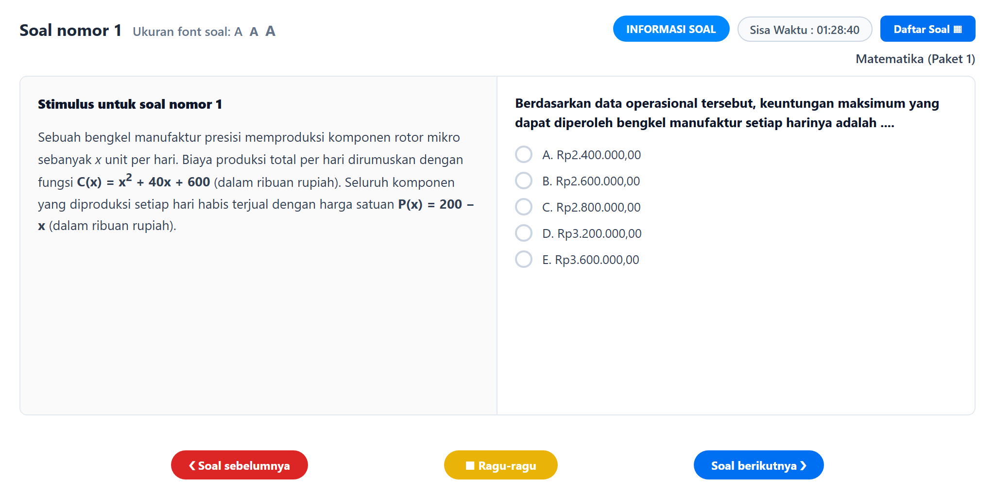 Soal nomor 1 TKA Matematika SMA SMK CBT